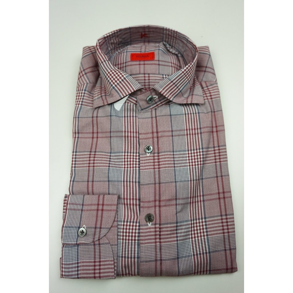 Isaia Mauve Red Gray Plaid Long Sleeve Cotton Dress Shirt 15.5/39 New